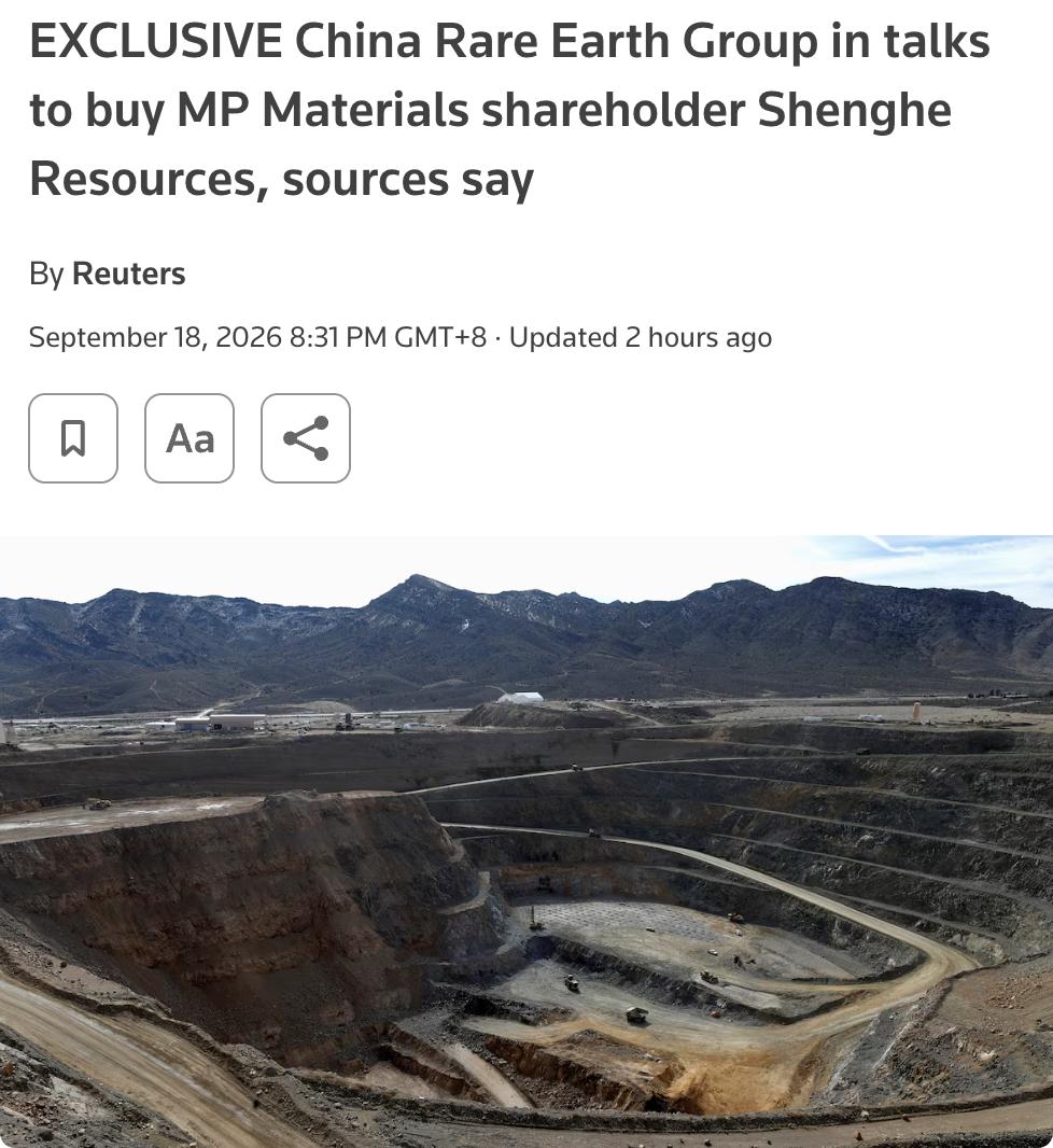 外媒：中国稀土集团正在洽谈收购盛和资源（600392.SH），若交易达成，将进一