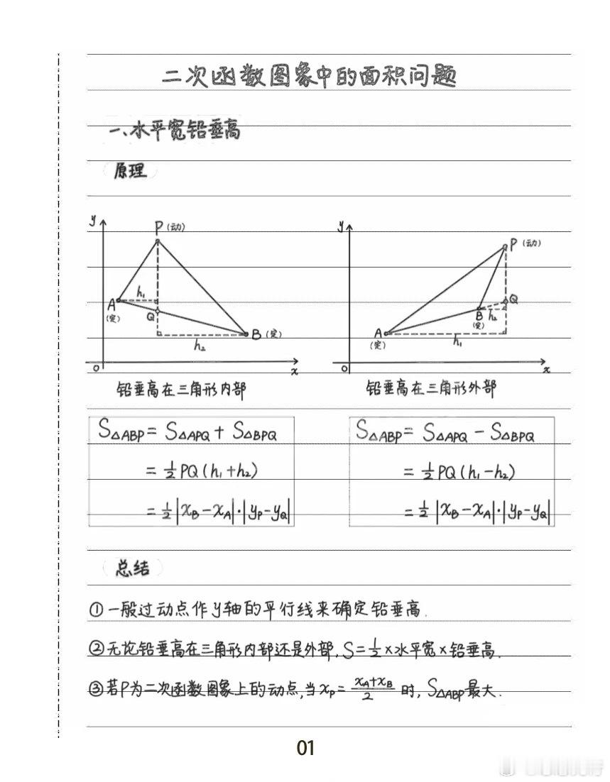 中考二次函数作为压轴题，常考的是面积问题。解决此类面积问题的方法为“铅垂线法”或