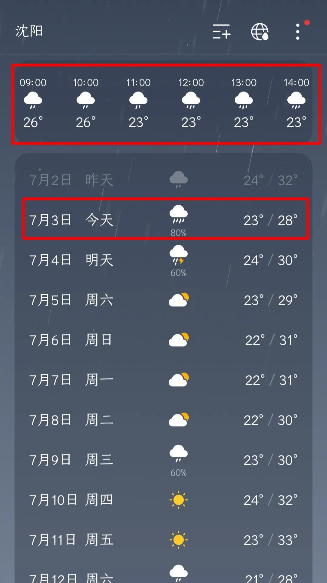 沈阳人注意了，今天有暴雨…今天是7月3日，天气预报显示沈阳有暴雨，局部有大暴雨