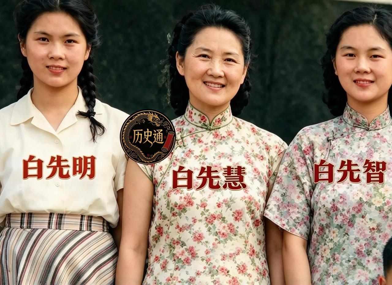 一九四六年桂林白府院子里，三姐妹并排站着拍下一张合影。从左至右是三女白先明、次女