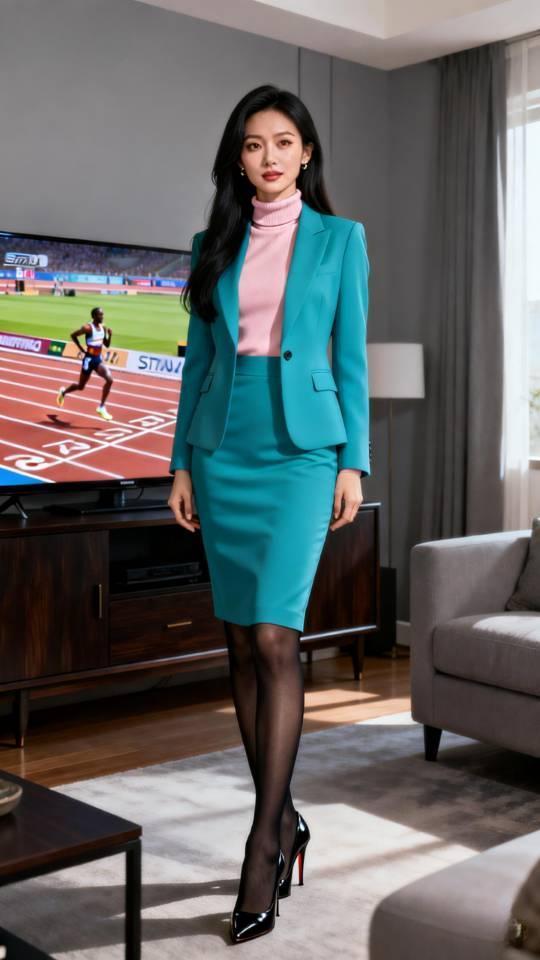 美女在看体育节目时展示西装套装裙。西装套装裙美女壁纸
