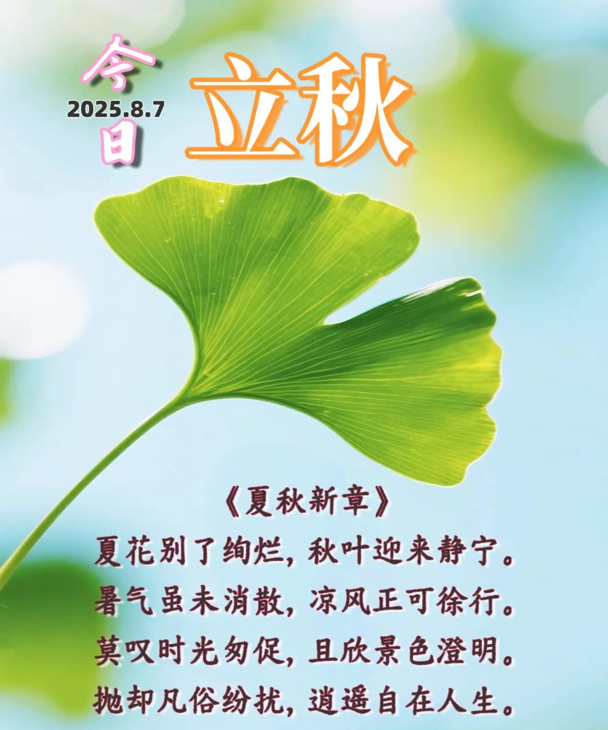 朋友：今日8月7日，立秋季节来了。《夏秋新章》夏花别了绚烂，秋叶迎来静宁。