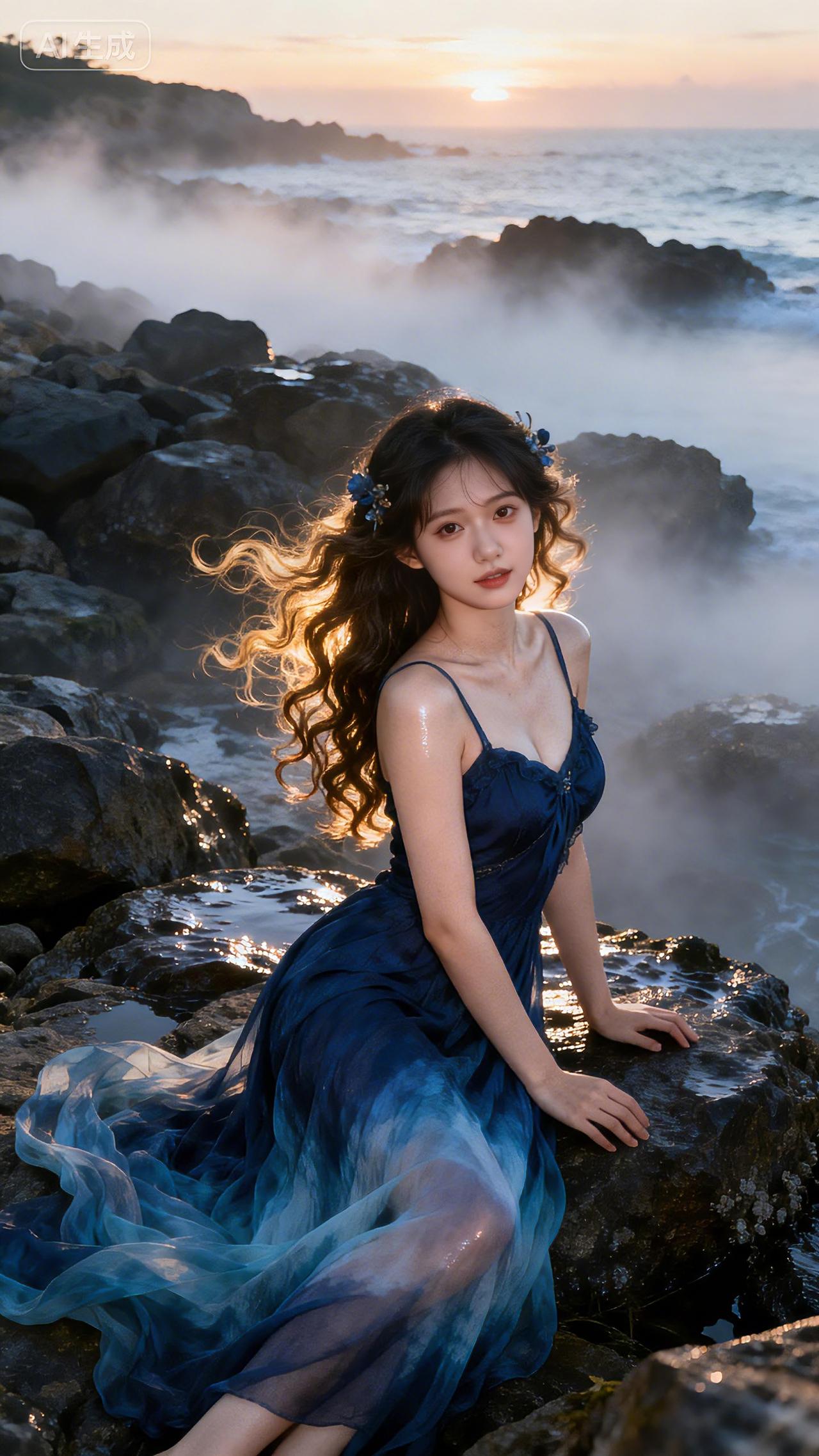 美图壁纸共享暮海蓝裙，薄雾礁石，勾勒静谧诗篇。豆包壁纸写真