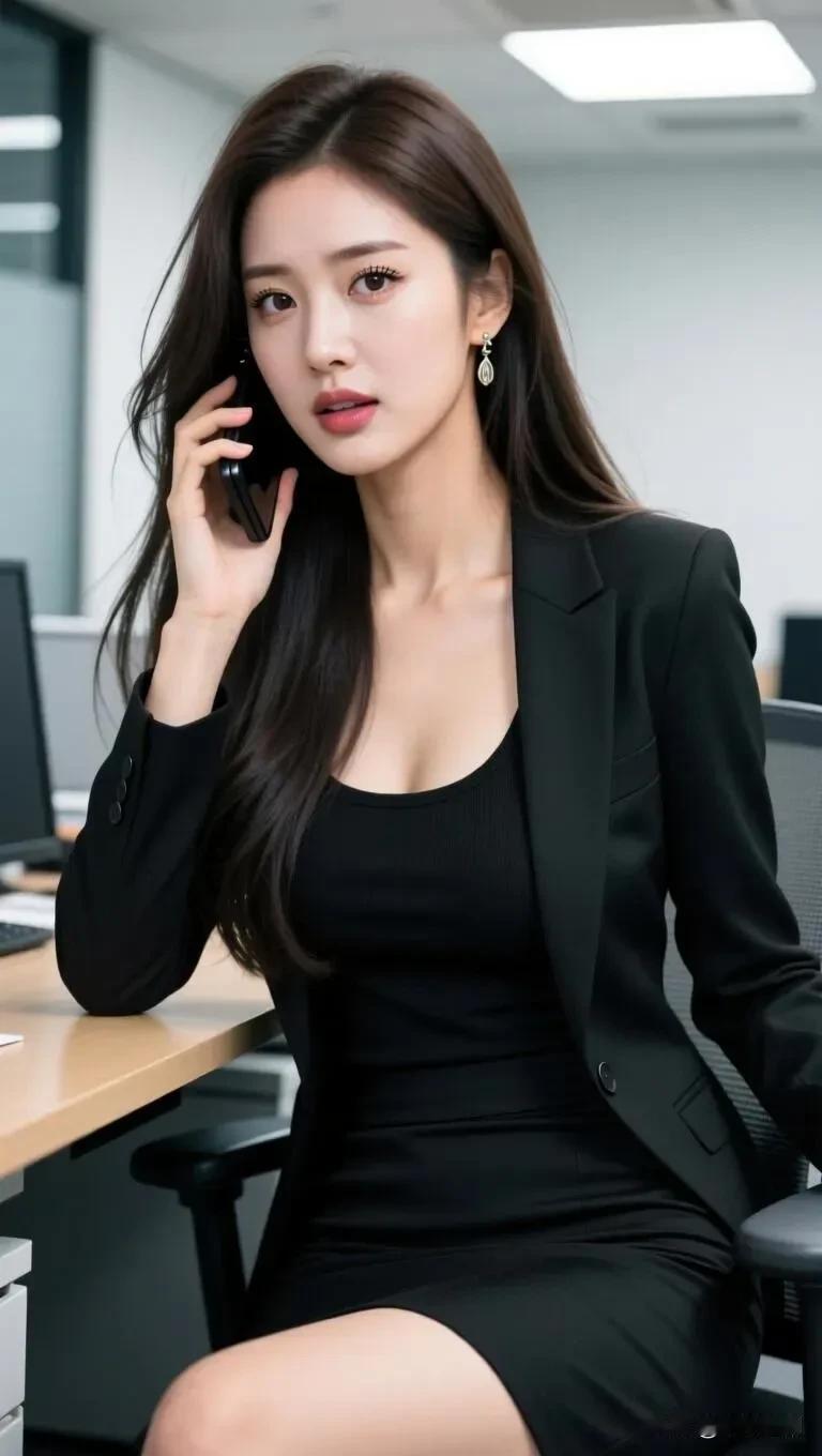 简约黑色西装，利落有型，长发衬出从容气质，办公室里专注通话，专业与优雅并存。职