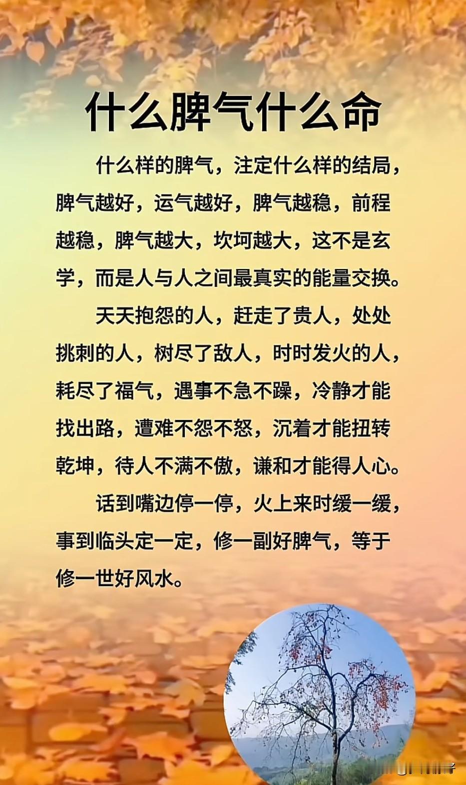 脾气越大，福报越浅；脾气越温，福报越深。什么脾气，就什么命！脾气人人有，气大必伤