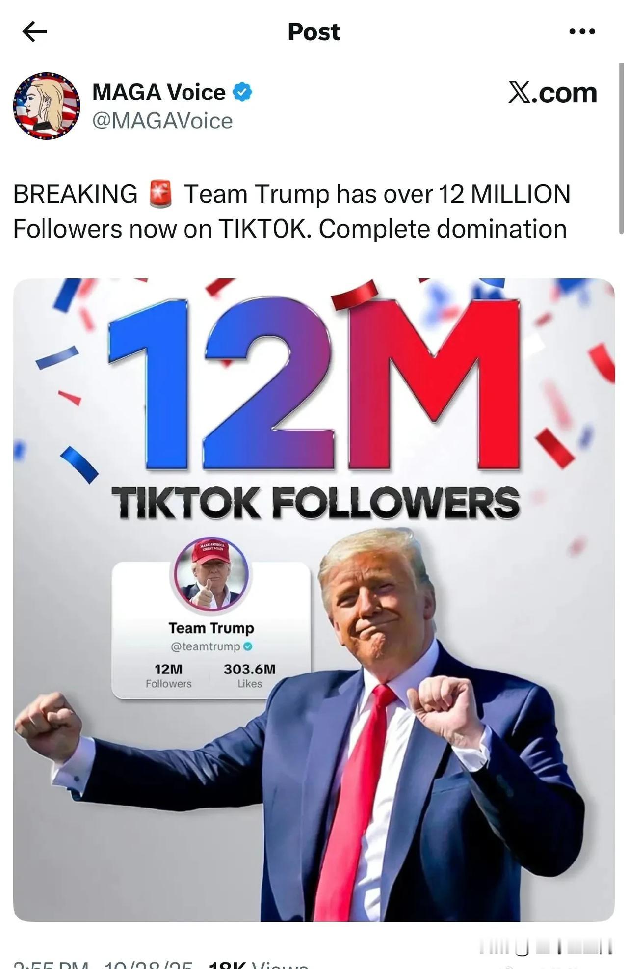 TeamTrump在TikTok的粉丝已经达到1200万。我不完TikTok