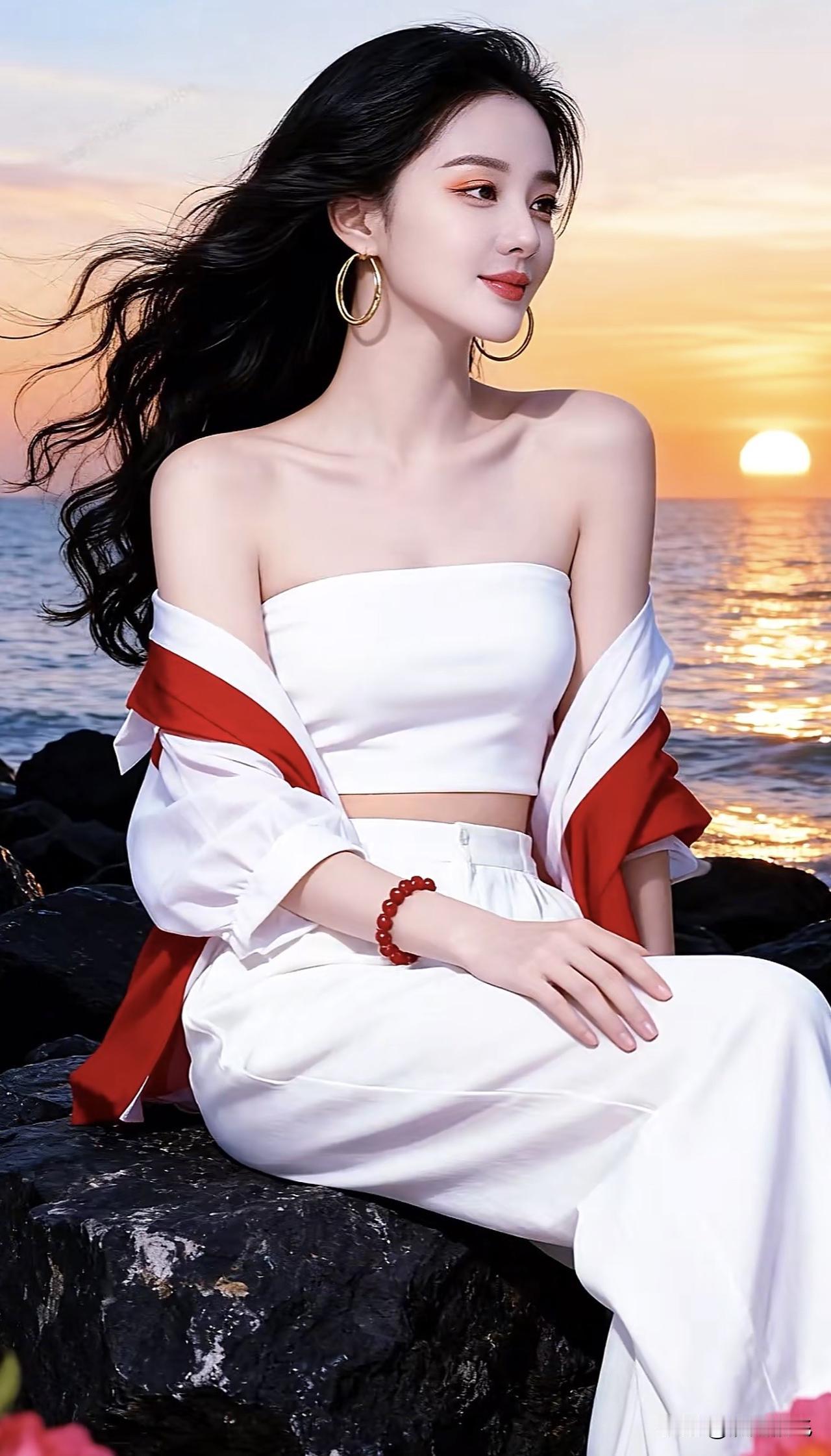 海边日落，红衣美人，惊艳瞬间红衣女拍照海边红裙大片动感红衣美女海边红裙大片