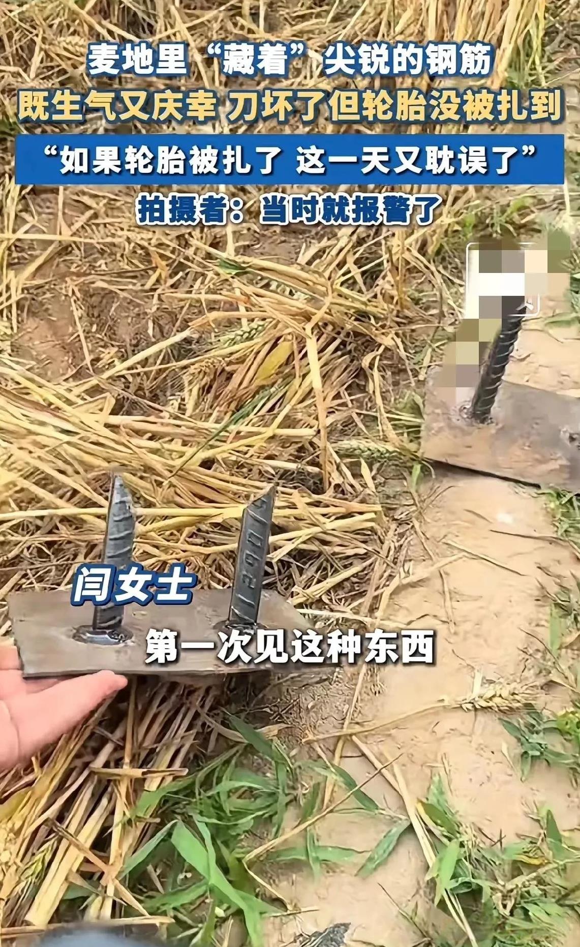 又到了午收季节，闫姓女子家里的麦田在收割的时候，一连三台收割机割刀被损毁。后来在