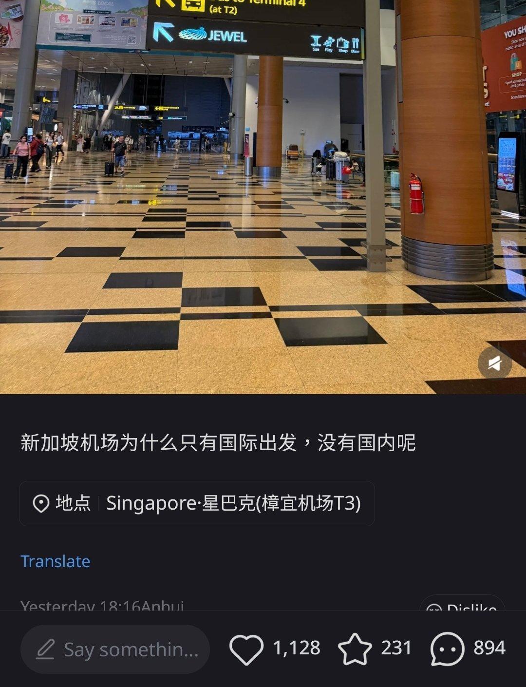 嗯，这个网友提的问题非常好啊。新加坡为什么只有国际出发，没有国内出发口呢？很简