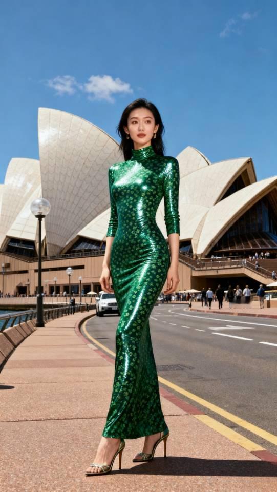 中国绿色旗袍裙女子在悉尼歌剧院前拍照留念。旗袍旗袍裙