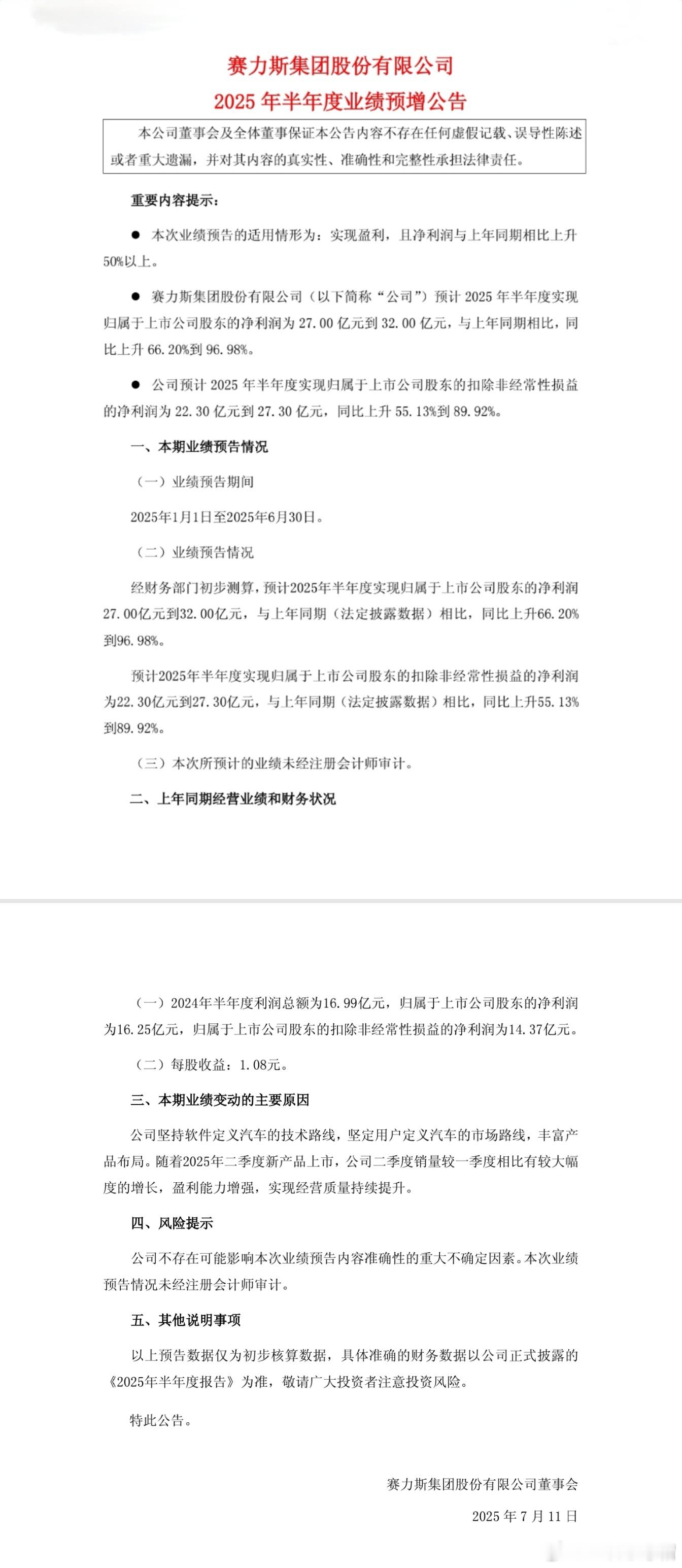 赛力斯2025年半年度业绩预增。净利润预计27-32亿元，同比升66.2%