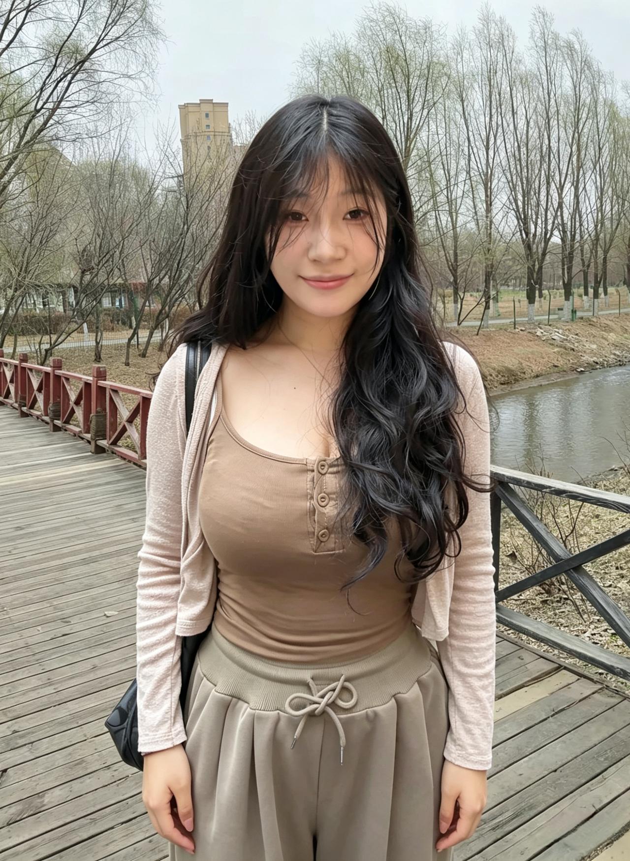 卷发如云衬素容，闲看花影绕阶浓。一眸温婉山河暖，不负人间四月风。