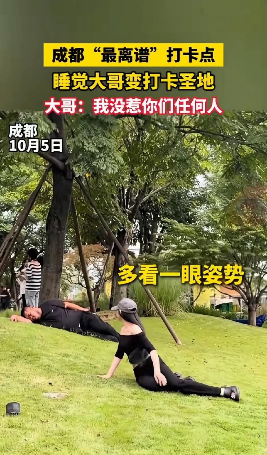 大哥一觉醒来天塌了。成都。大哥在草坪上晒太阳，阳光正好大哥睡了过去。游人看到