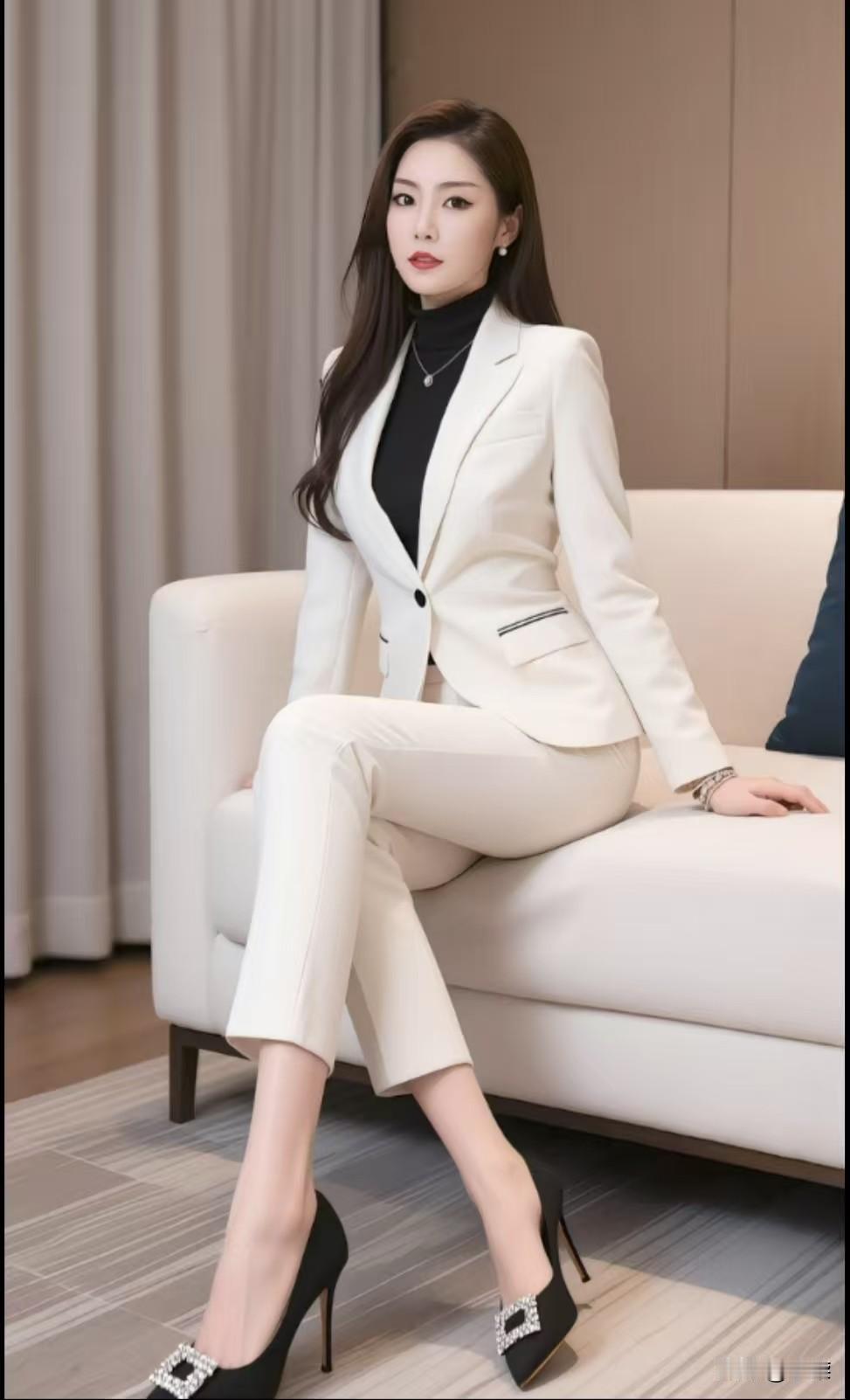 如何打造高级时装风格?一米白西装裁出利落线条黑高领压下几分锋芒黑白之间