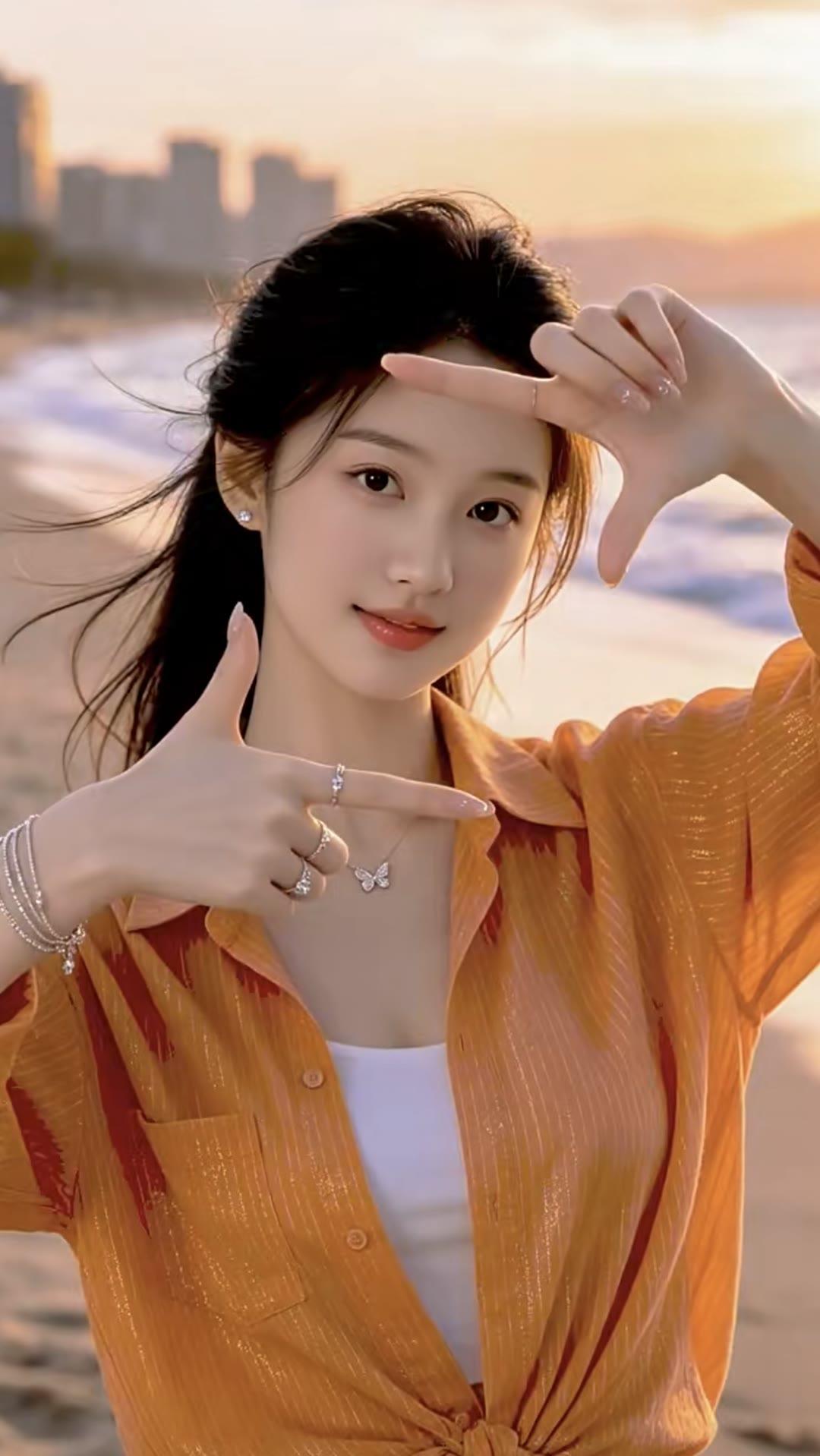 海边日落时分，少女俏皮比心🌊💖