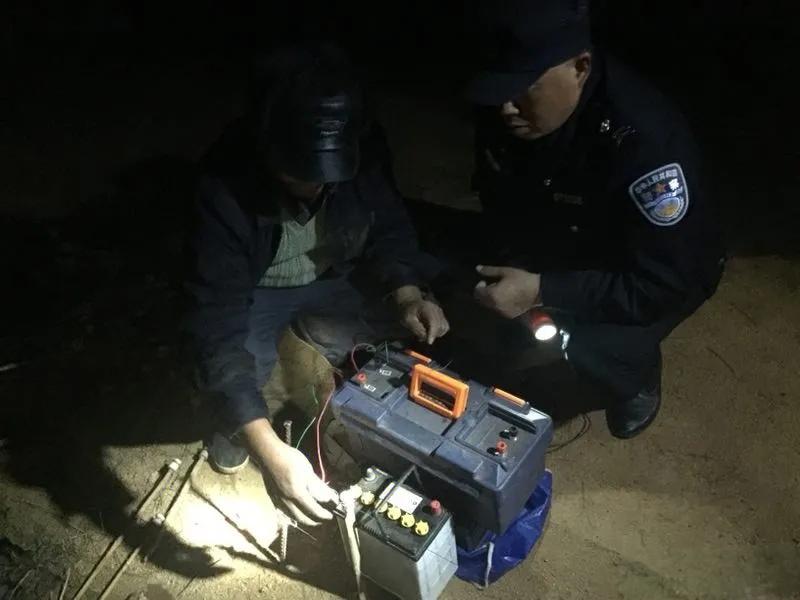 湖北襄阳，兰某等4人在村头坟地旁林地铺电网电野兔，天黑后设备供电，兰某在车内看管