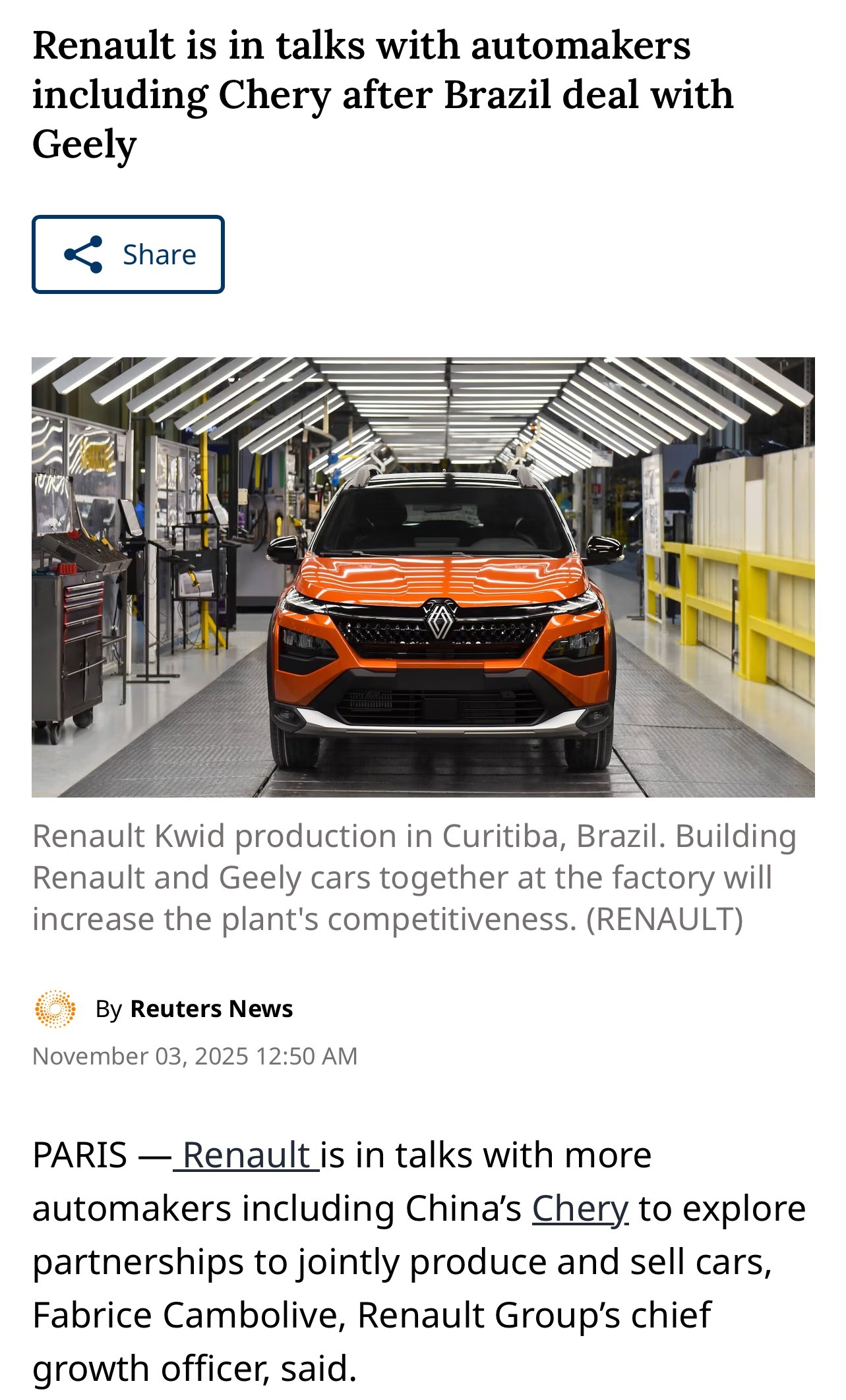 全球汽车业的合纵连横，越来越有意思了。先是高管出来说，正在和奇瑞等中国品牌谈合作