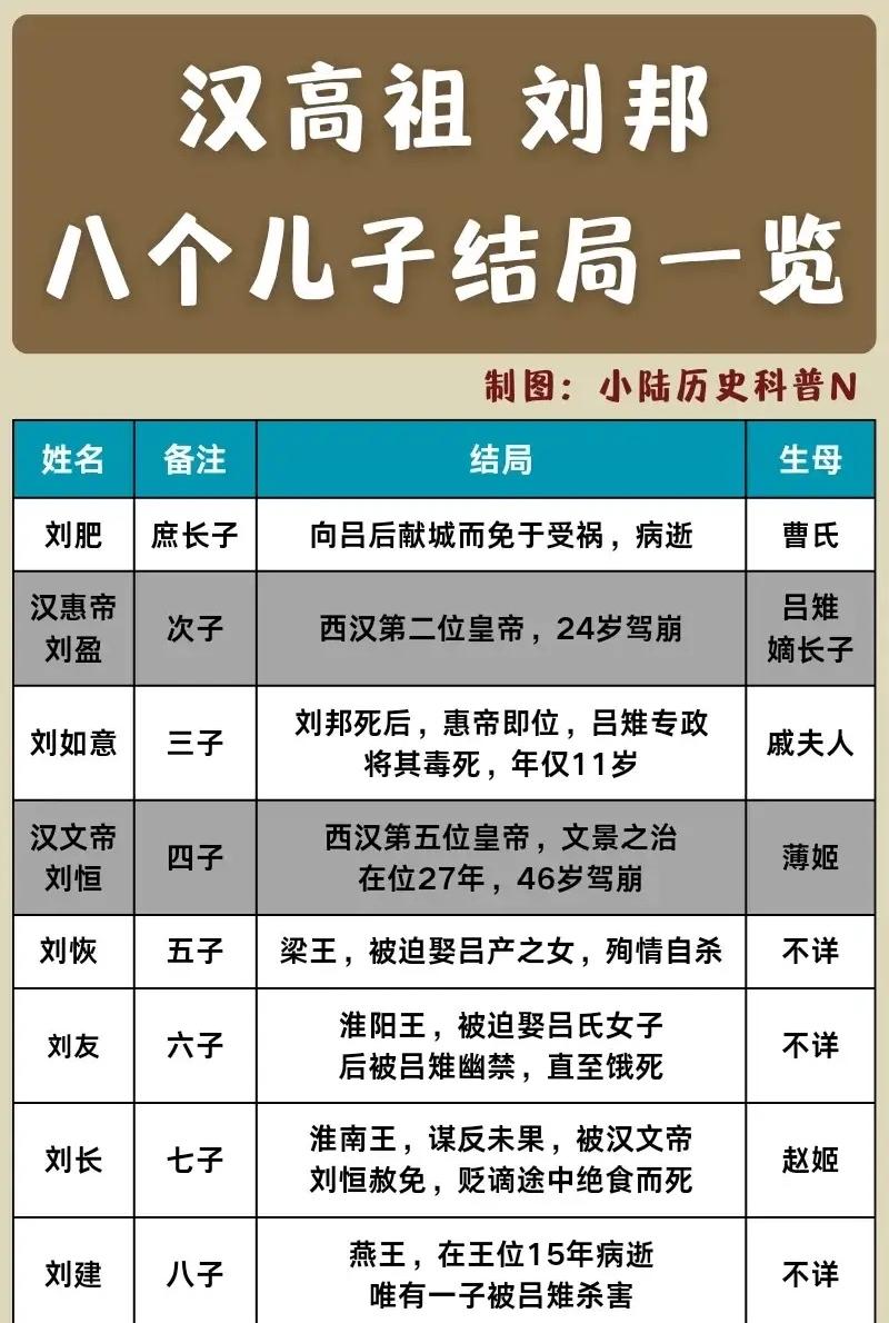 曹氏的儿子：刘肥无心皇位得以善终。吕雉的儿子：刘盈是西汉第二位皇帝。薄姬的儿