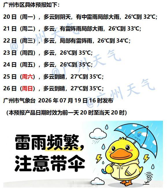 【广州未来七天（7月20日～7月26日）天气概览】广州地区下周初依旧会有雷雨现身