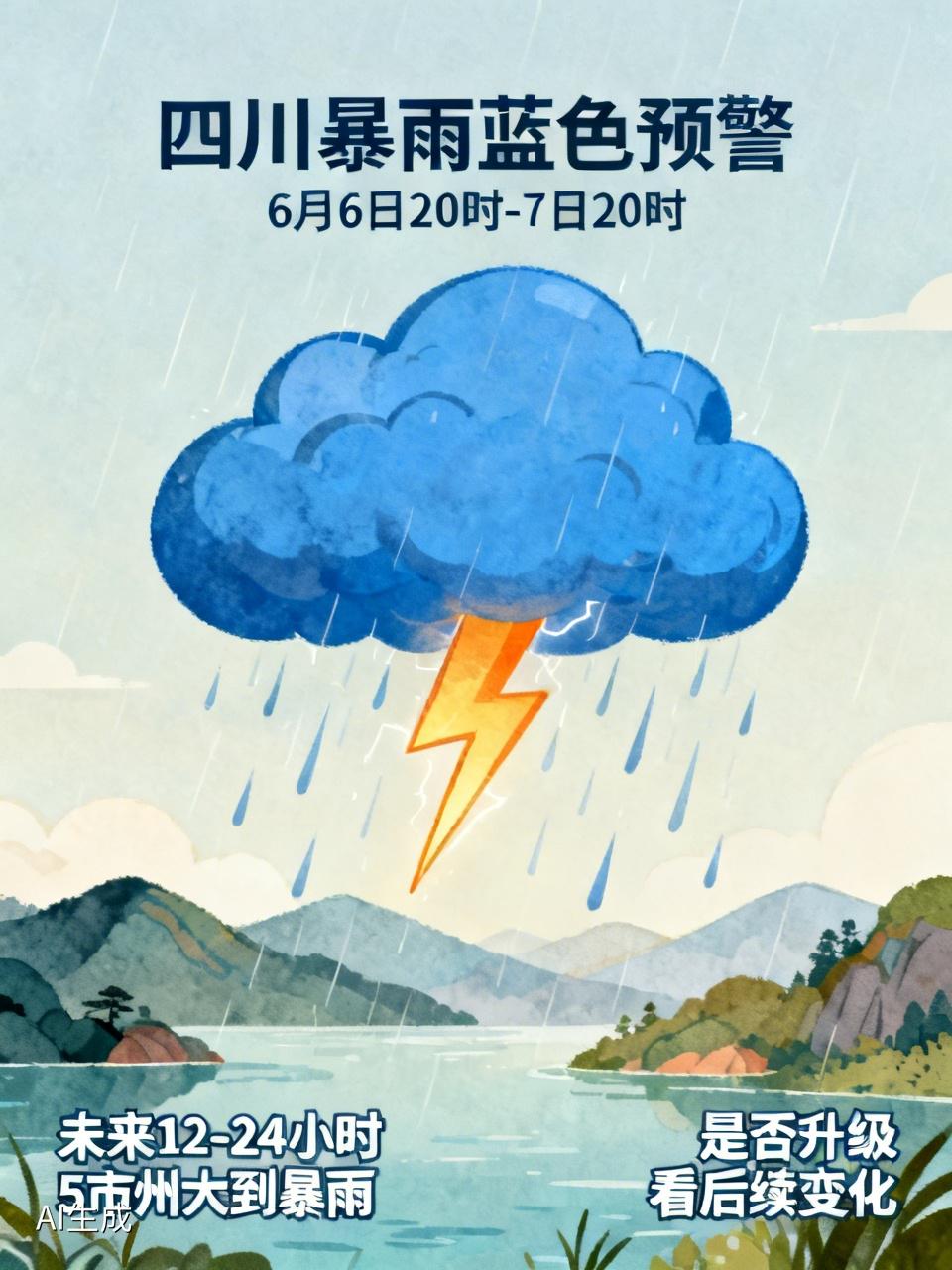 四川发布了暴雨蓝色预警，6月6日20时到7日20时，不少地方有暴雨，局地大暴雨，