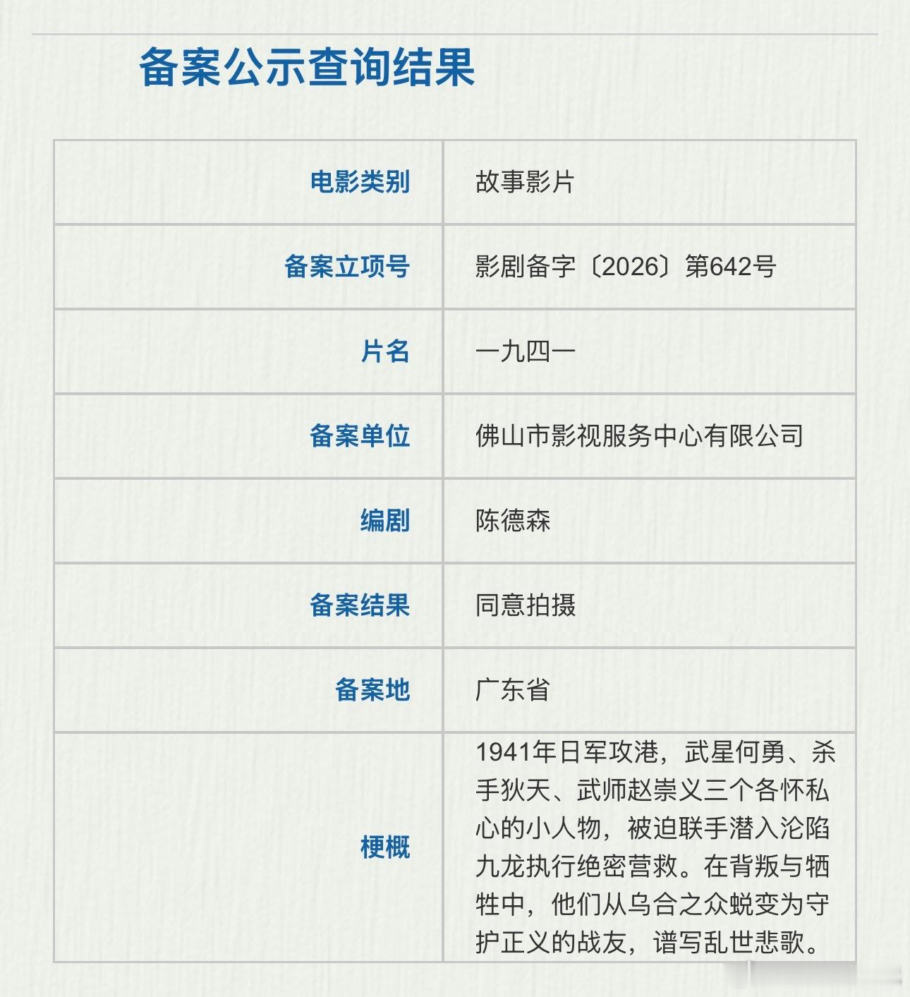 陈德森新片《一九四一》备案公示陈德森在早前的采访中透露，电影将于2026年年底开