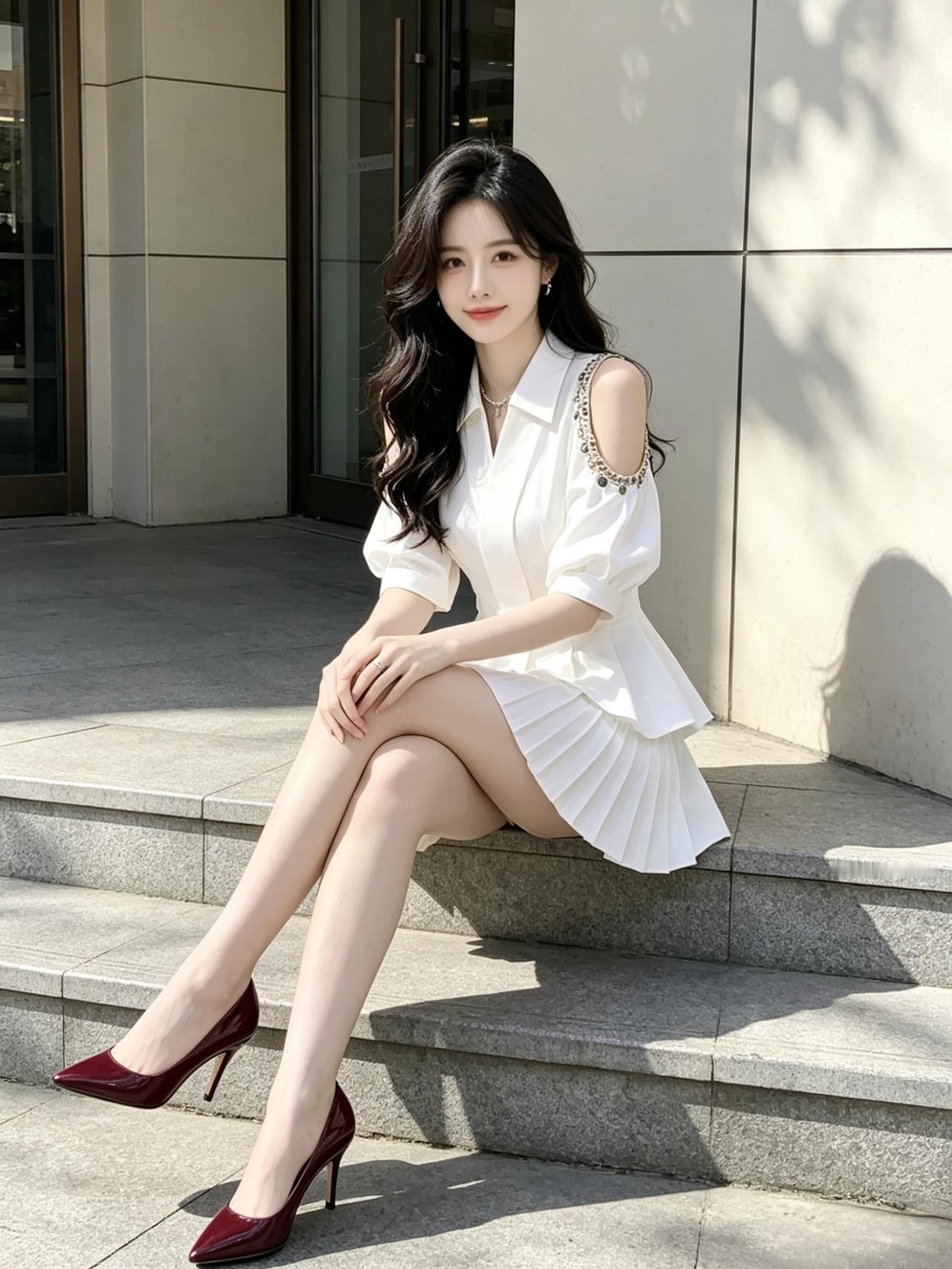 优雅白裙，红鞋相映，都市女孩的时尚日常。优雅自信穿搭分享高级感白裙穿搭气质白