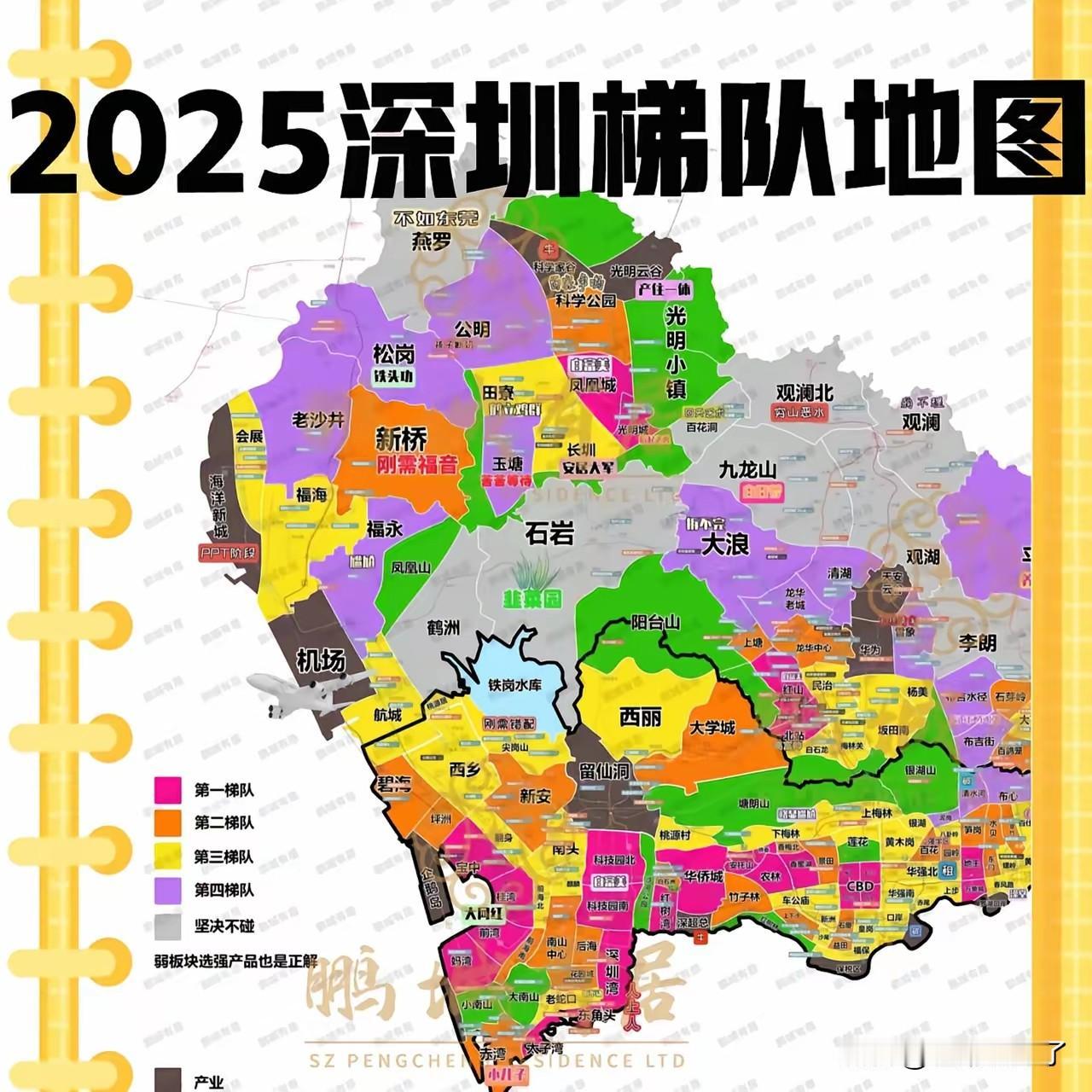 深圳买房位置梯队图，第一队毫无疑问大部分是位于关内的福田、罗湖、南山等区，另外还