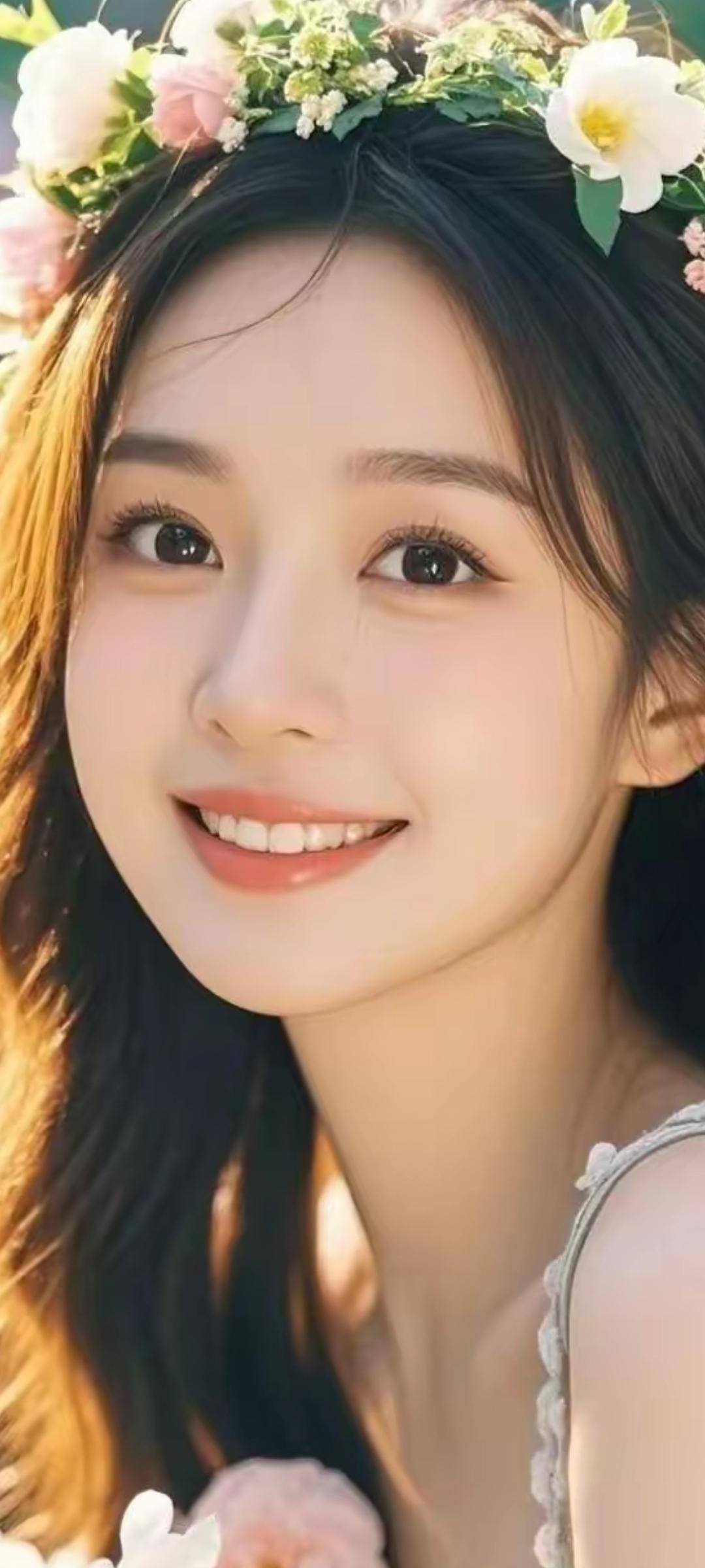 花环少女，微笑如花，春日暖阳下的甜美时光。