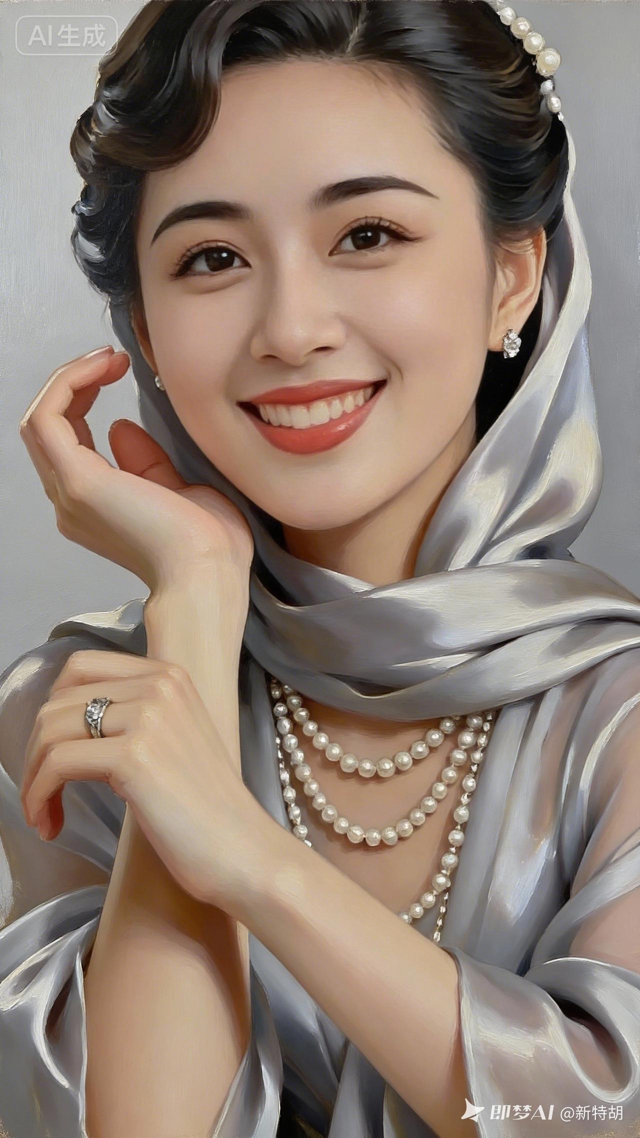 优雅珍珠耳环，闪耀的珍珠项链，复古优雅的微笑，尽显女性魅力。