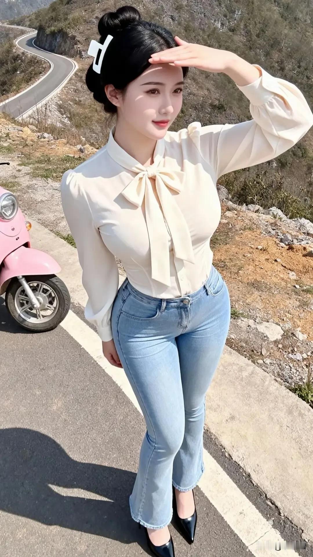 《山径轻骑》晴峦曲径绕云隈，粉骑轻停落翠微。素衽束风裁玉袖，蓝裾曳日织银辉。