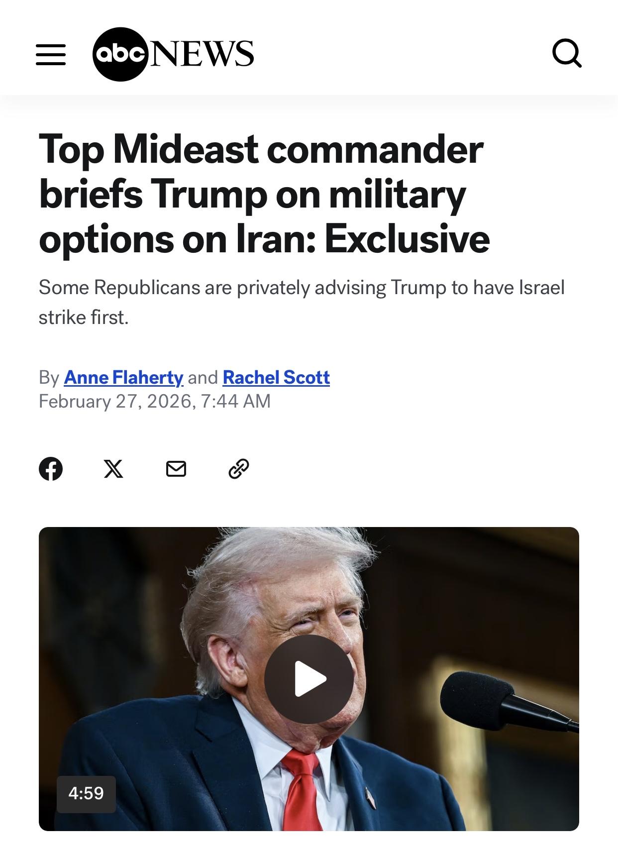 美媒独家：美军中央战区司令已就军事打击计划向特朗普做简报美国广播公司新闻(A