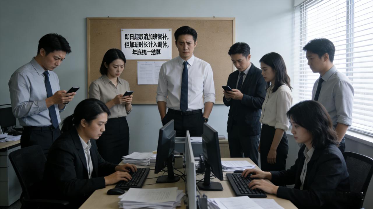 公司效益不好，说要降本增效。财务发通知：即日起取消加班餐补，但加班时长计入调休