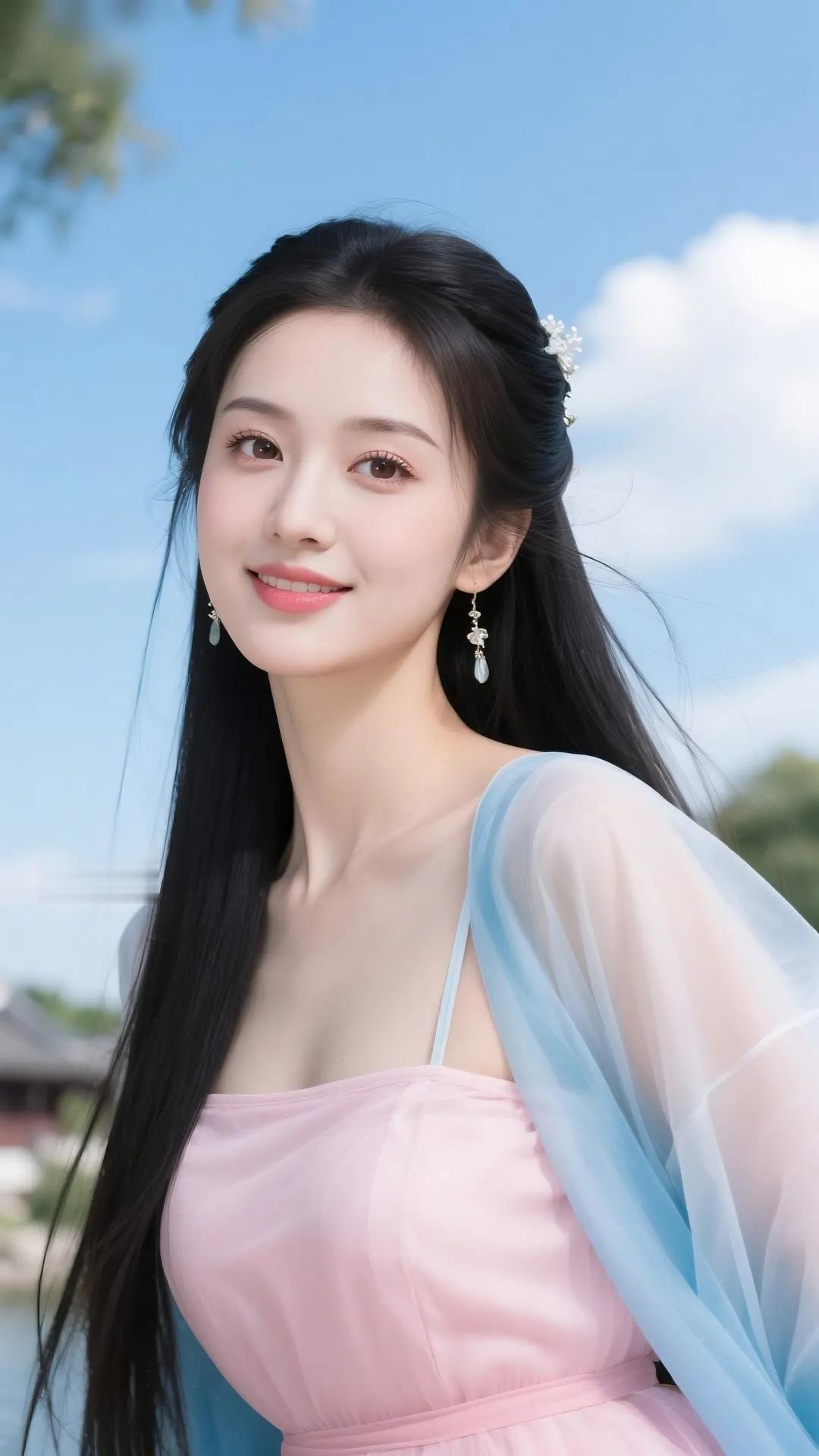 古风少女，粉裙飘逸，笑靥如花，梦回古代