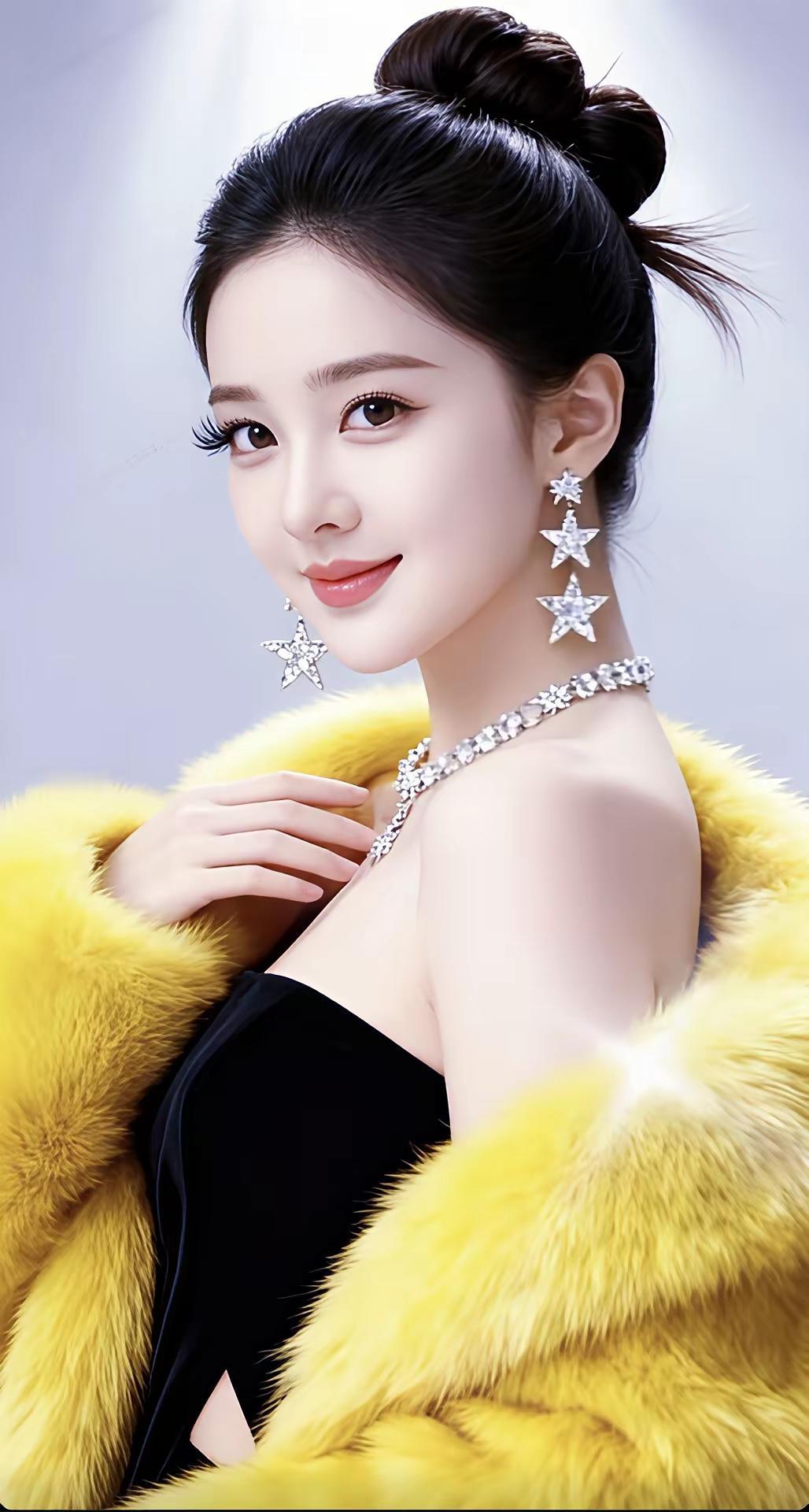 闪耀星芒，奢华闪耀，优雅黑裙与亮黄色皮草的完美搭配，尽显时尚魅力！💫✨👗🧥