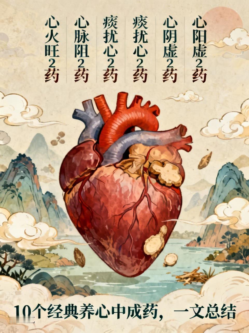 心火旺2药，心脉阻2药，痰扰心2药，心阴虚2药，心阳虚2药，10个经典养心中成药