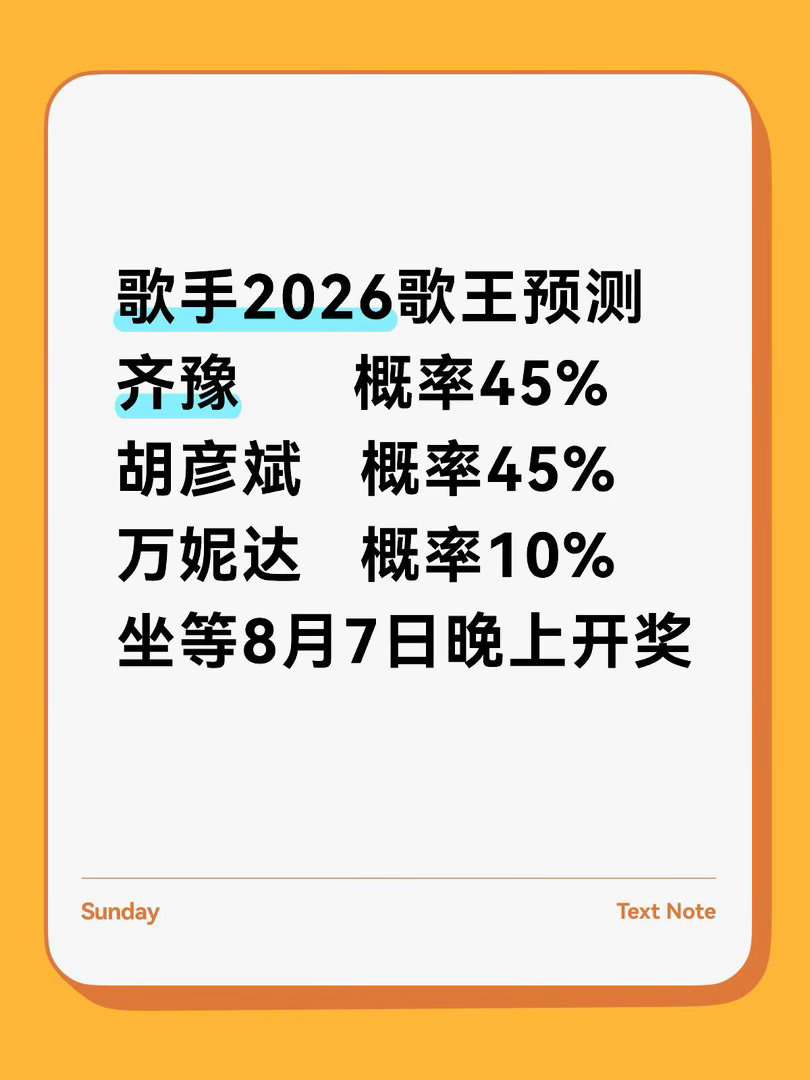 歌手2026歌王预测齐豫概率45%胡彦斌概率45%万妮达概率10%坐等