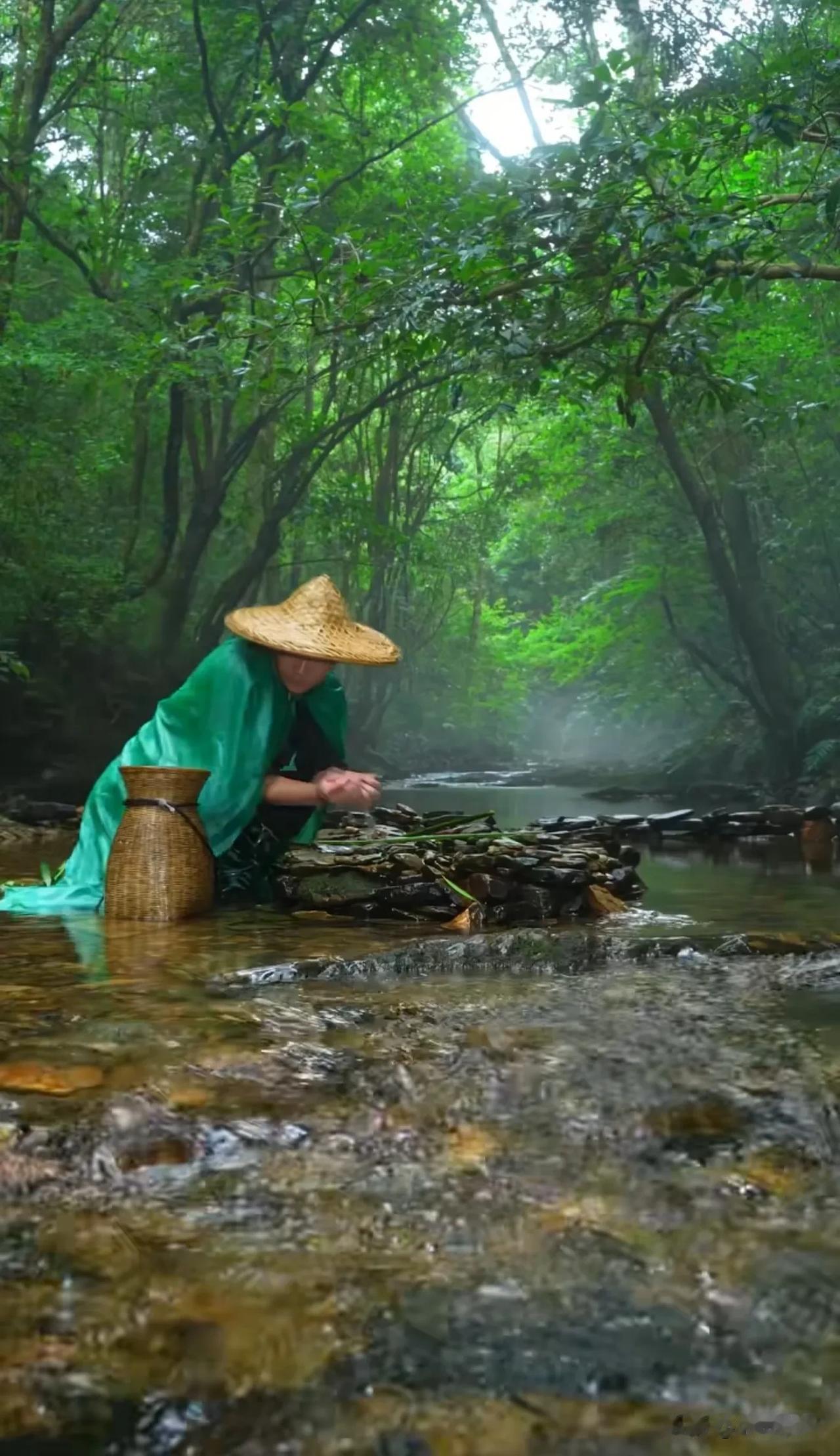 摸鱼儿·山溪渔隐对苍崖、瀑流飞泻，烟霏漫染林麓。披蓑浅涉清溪石，巧引游鳞相