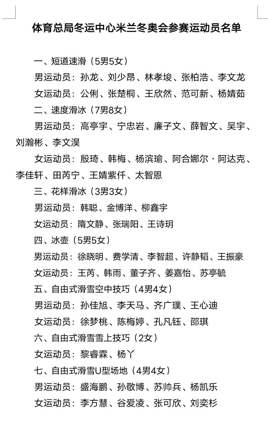 米兰冬奥运动员公示冰上有林孝埈领衔短道速滑冲金，隋文静韩聪带伤冲卫冕，高亭宇宁忠