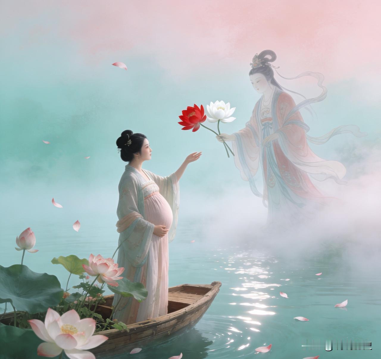 明朝时江苏吴江人李氏怀孕，到了预产期时，梦见自己渡江采摘荷花，有一位神仙送给她红