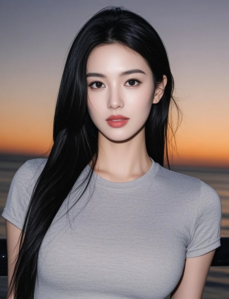 夕阳西下，海边的她充满希望