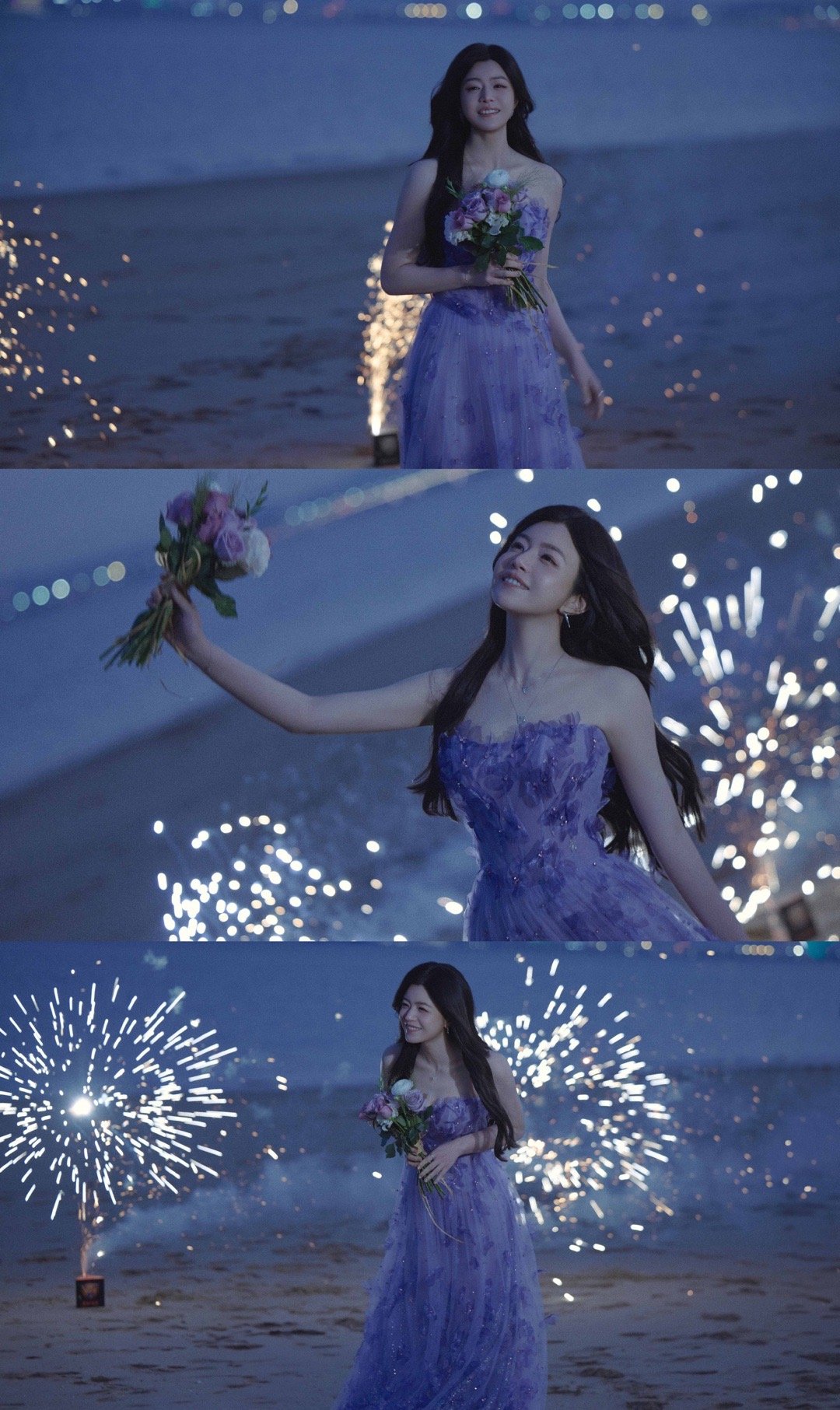 陈妍希海边烟花大片让烟花有了具体的形状。陈妍希这身立体花饰长裙，像是把炸开的烟