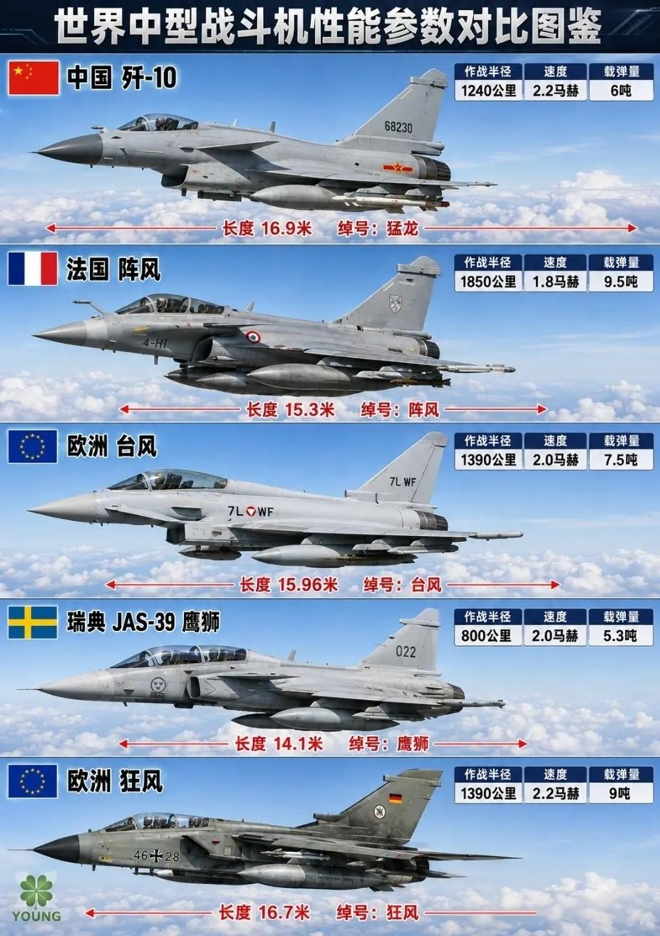 单看数据，法国的阵风战斗机遥遥领先。但如果论实战，歼10C战斗机可以完虐其他几款