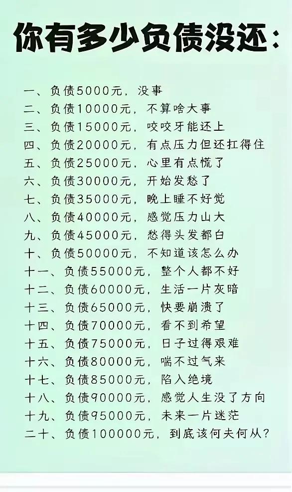 这是网上的负债压力等级对照表，我个人感觉这个表是毫无科学性而言的，这年头哪个人没