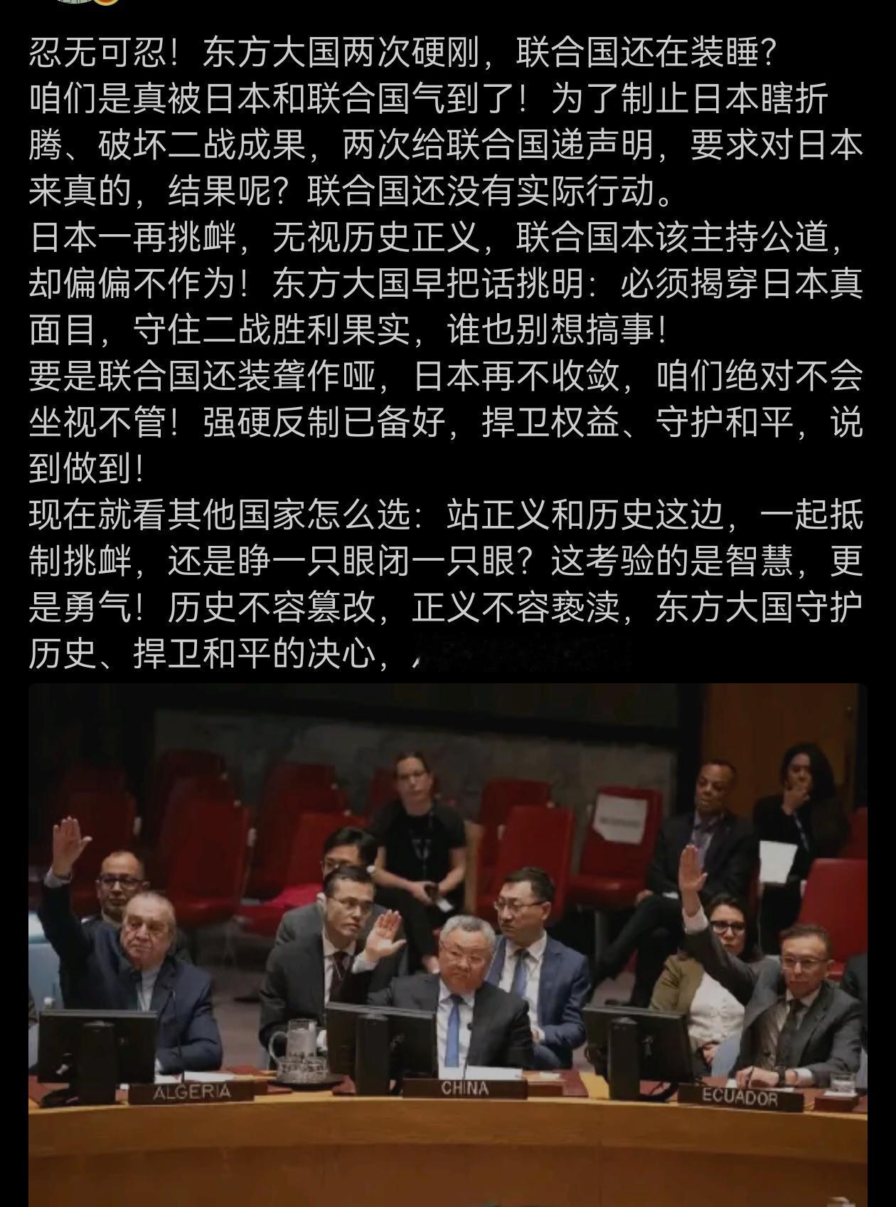 联合国作不作为是一回事，我们说不说又是另一回事。反正我们把话撂出来了，到时候可勿