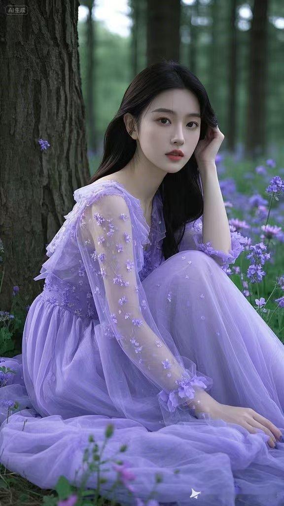 森林里的小仙女穿上紫色梦幻连衣裙，色调恰到好处，不深不浅，神秘又梦幻，薄纱轻如羽