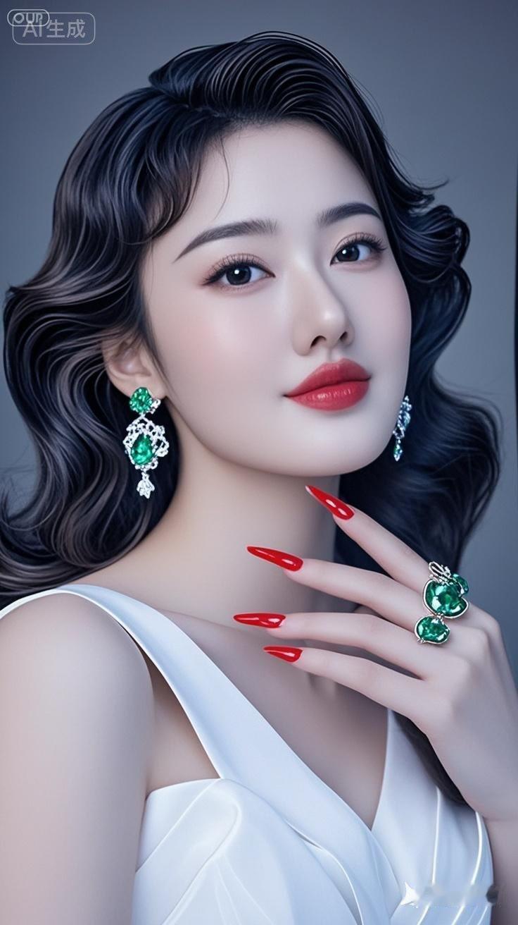 红唇映碧玉，绿宝石生辉。