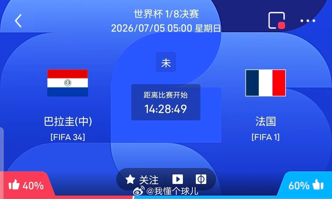 【足球】周六090世界杯方向：巴拉圭vs法国世界杯：巴拉圭VS法国时间：2026