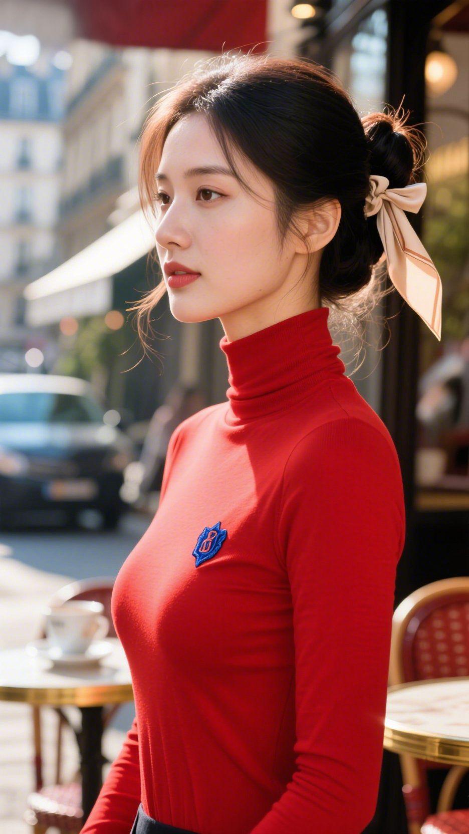 红衫伴巷秋闲柔街巷裹着咖啡香漫开时，她身着红衫立在露台旁，恰似将秋阳暖调揉