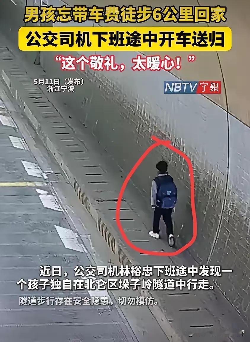 浙江宁波公交司机林师傅下班途中，在隧道碰到一个徒步孩子，林师傅停车询问孩子才了解