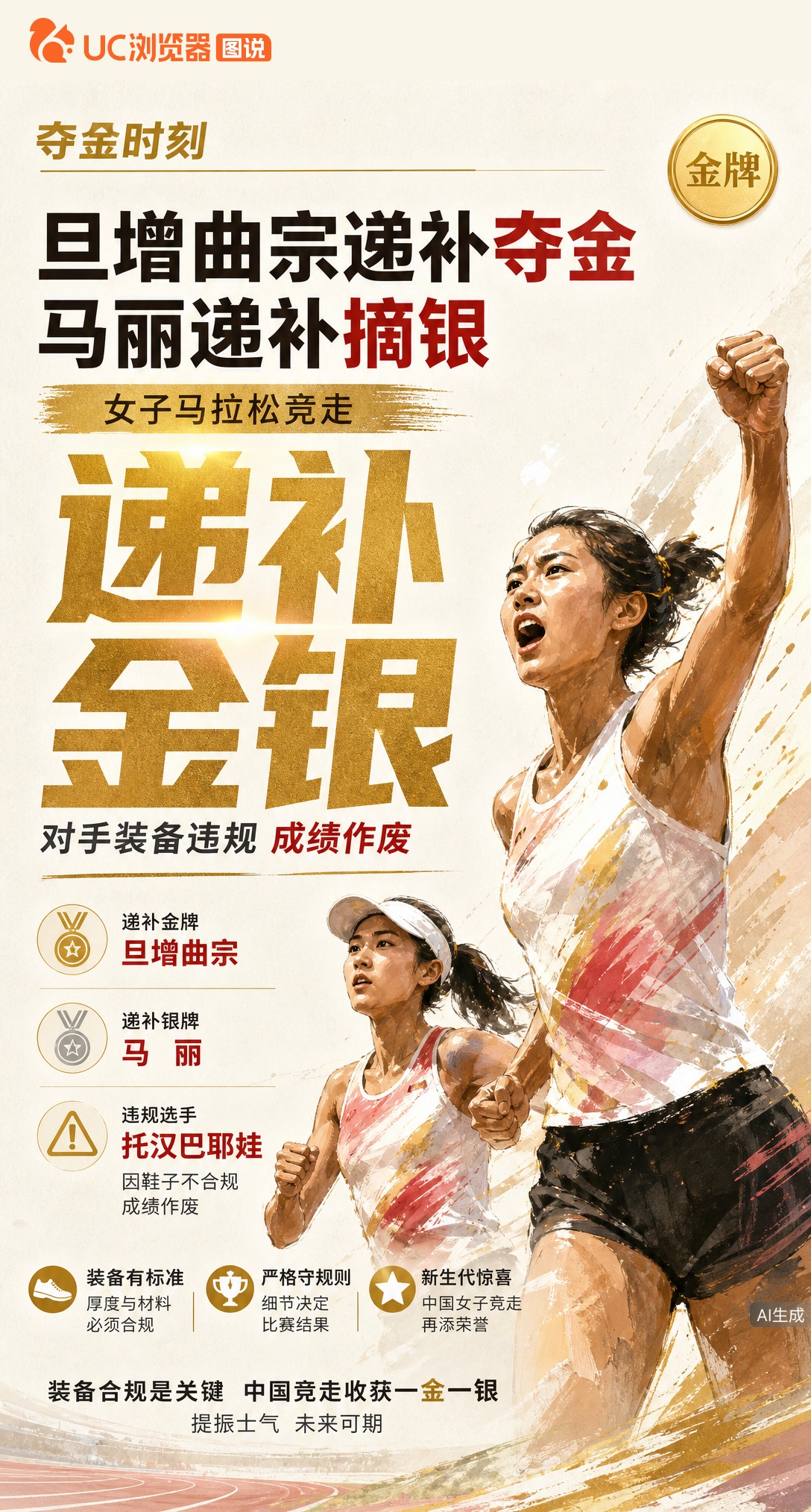 亚运竞走金牌改判！哈萨克斯坦选手因鞋子违规成绩作废，旦增曲宗、马丽递补包揽女子马拉松竞走金银。装备合